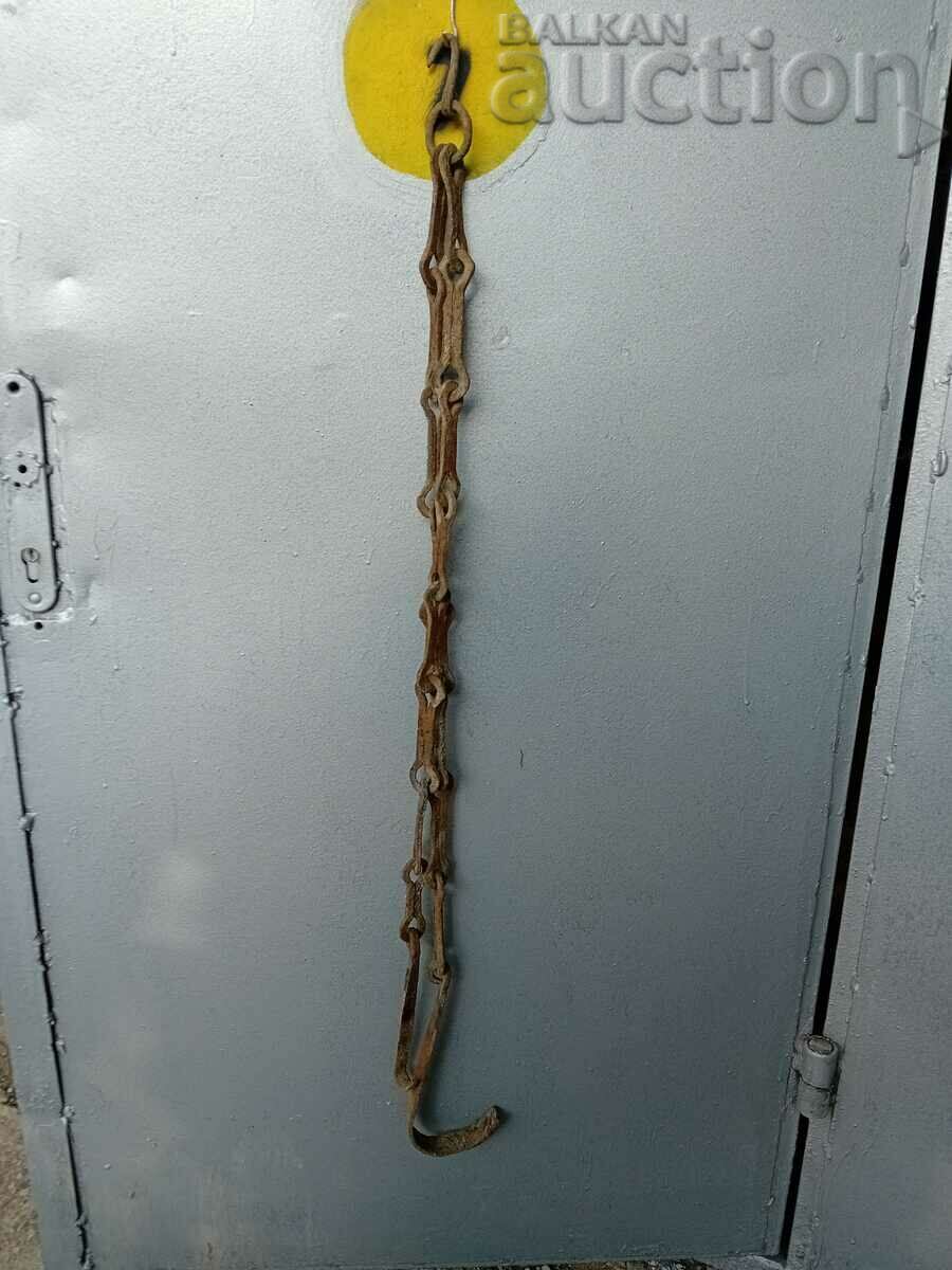 Παλιά αλυσίδα από σφυρήλατο σίδερο με γάντζο, δαχτυλίδι εστίας - 7