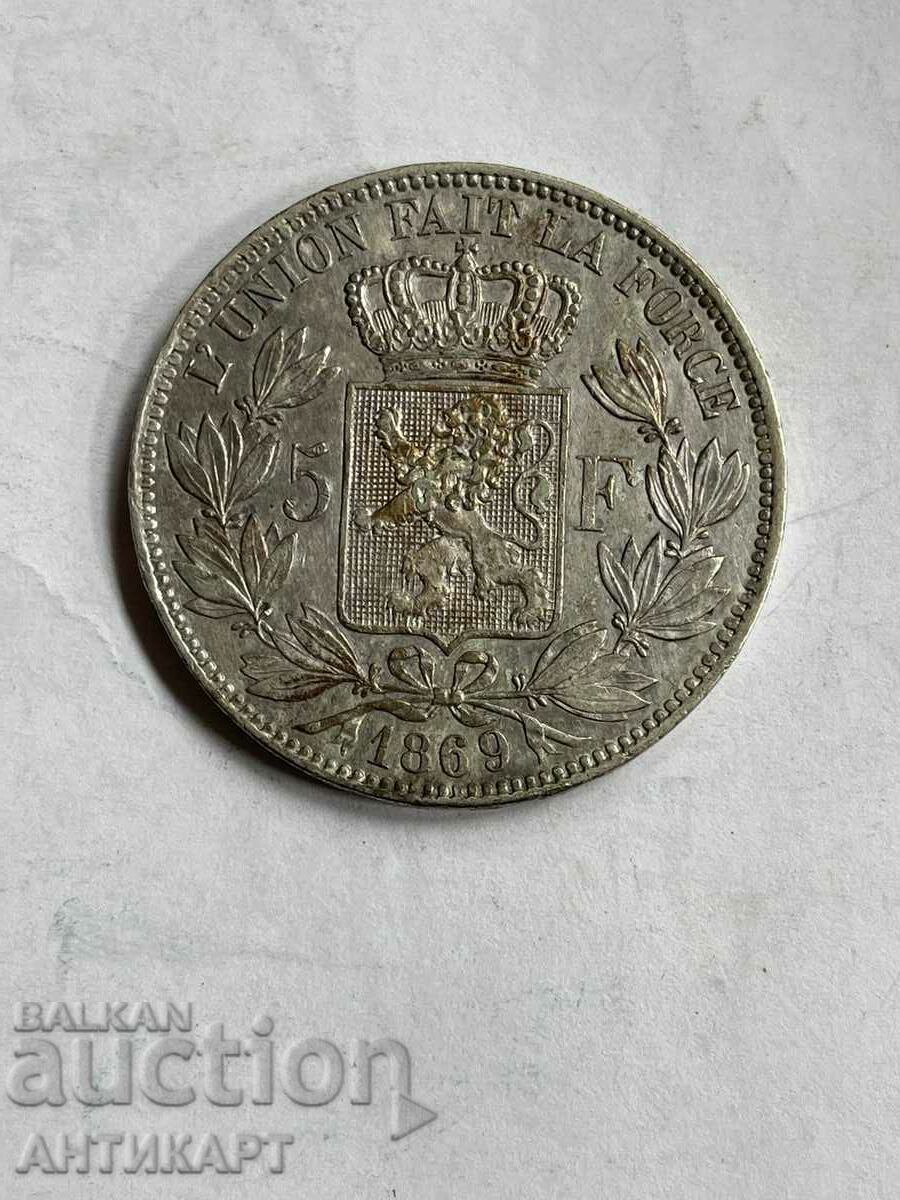 monedă de argint 5 franci Belgia 1869 argint