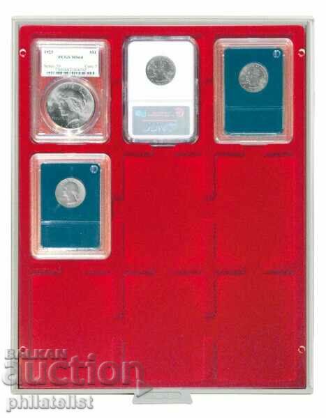 Auction Lindner MB red PVC box for 9 certified coins Auction Lindner MB red PVC box for 9 certified coins
