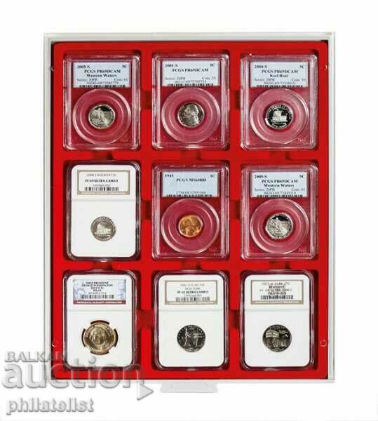 Lindner MB кутия в червен цвят PVC за 9 сертифицирани монети