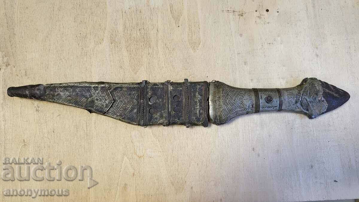 Old oriental beautiful dagger, blade with silver appliqués