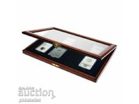 ξύλινο κουτί βιτρίνα SAFE για 8 επικυρωμένα νομίσματα / ΠΛΑΚΕΣ
