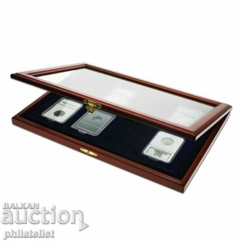 ξύλινο κουτί βιτρίνα SAFE για 8 επικυρωμένα νομίσματα / ΠΛΑΚΕΣ