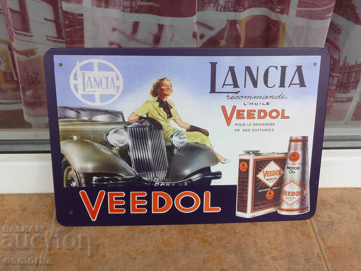 Metal sign car Lancia Veedol motor oil advertisement tube