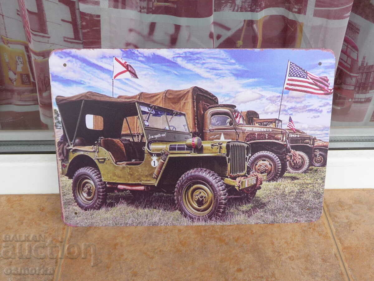 Placă metalică mașină militară jeep camion steag soldați de război