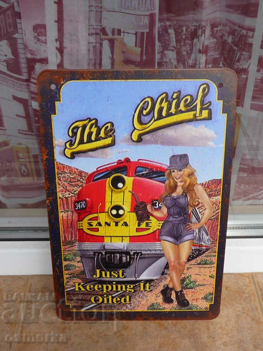 Metal sign train locomotive girl erotic Santa Fe rails
