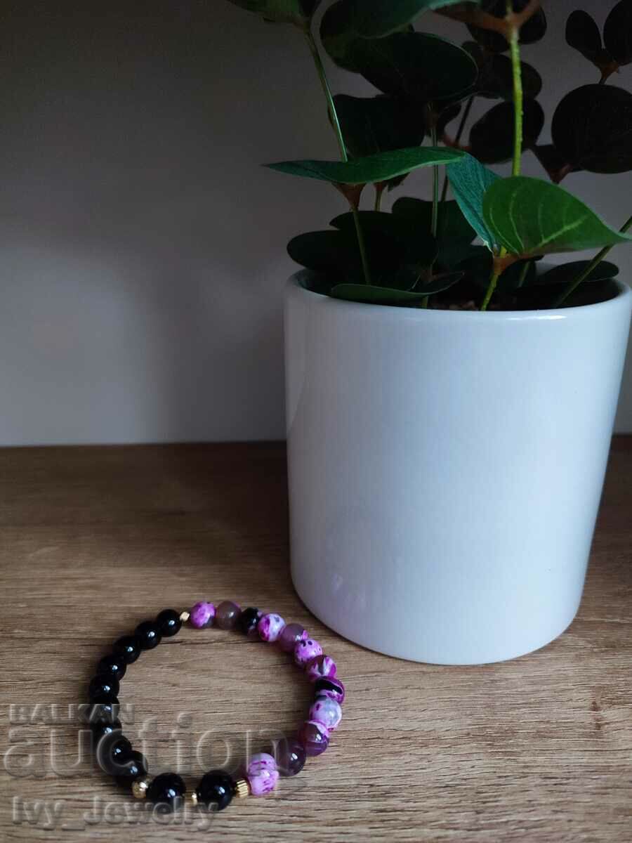 Black and pink Agate bracelet and 14k gold-plated elements