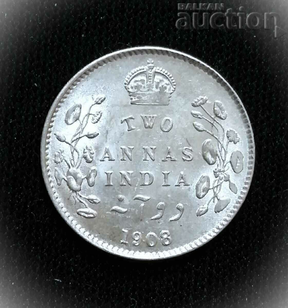 2 Anna 1908 India britanică Edward VII Argint