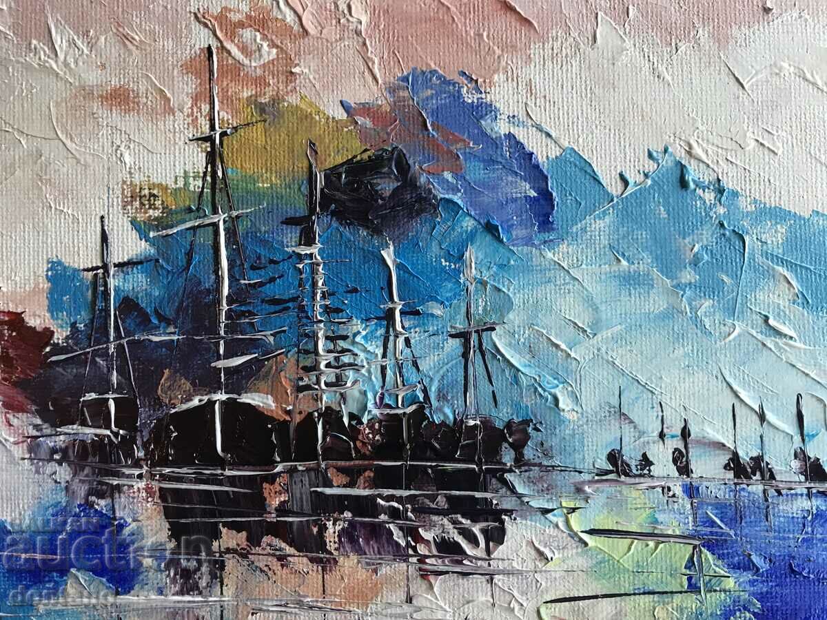 Релефна абстрактна маслена картина - Морски пейзаж - Лодки