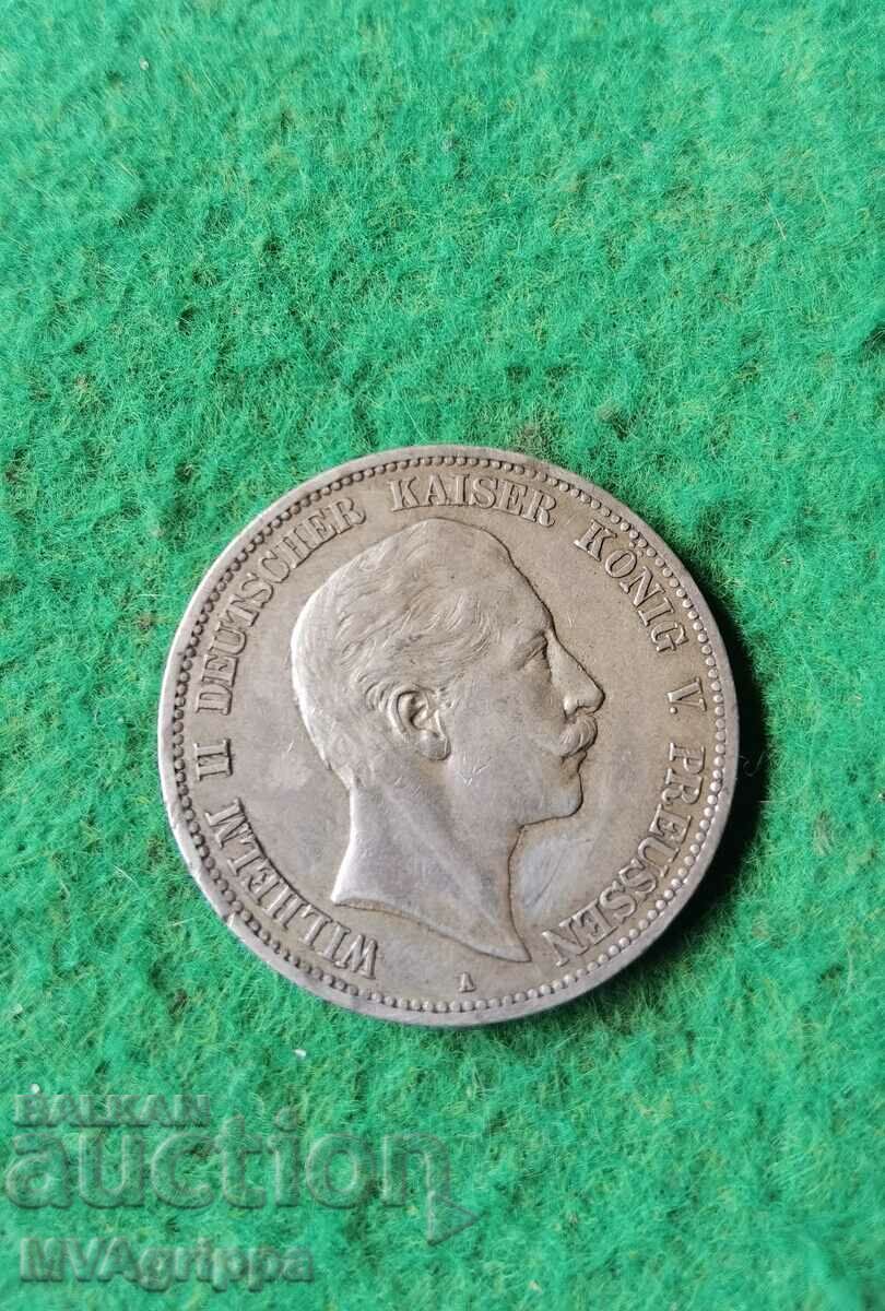 5 марки сребро Прусия Вилхелм II 1908