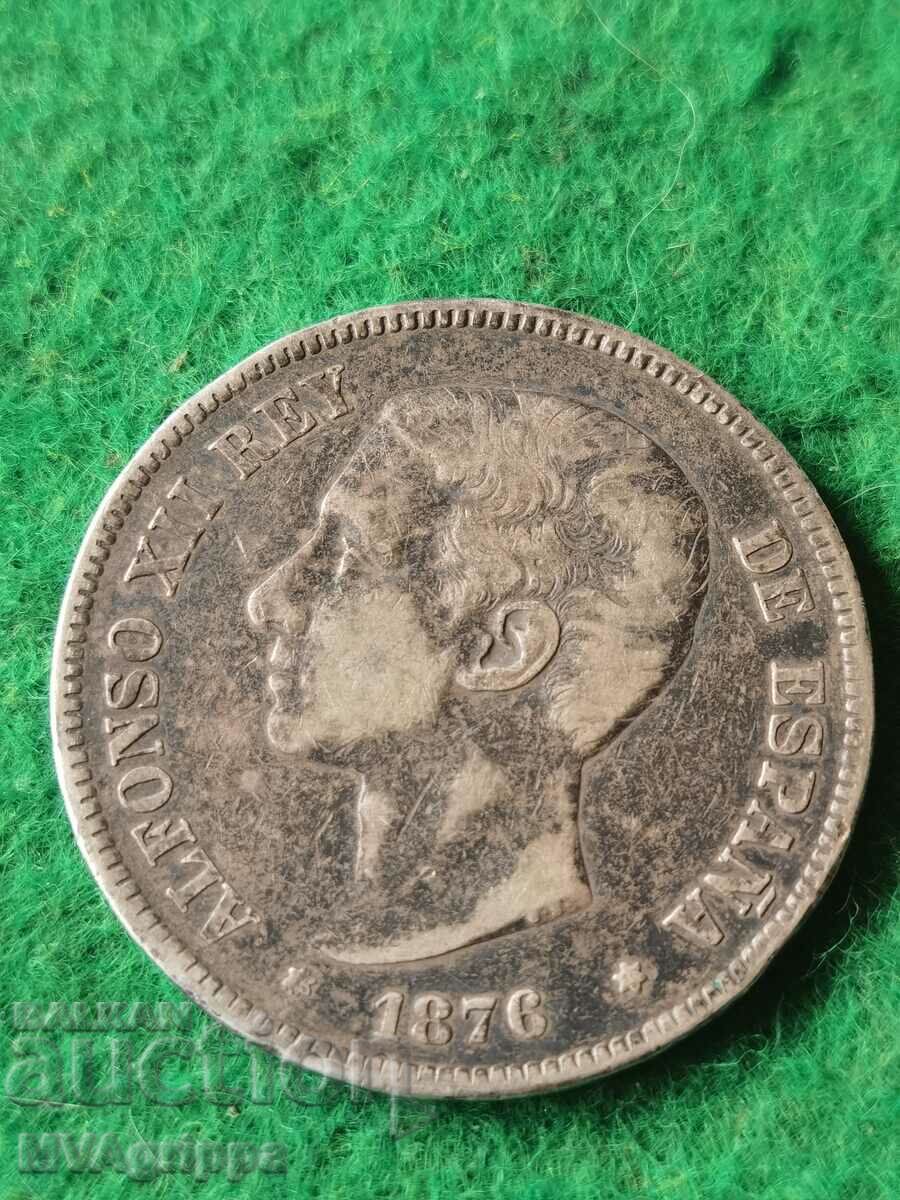 5 песети Алфонсо XII Испания 1876 сребро