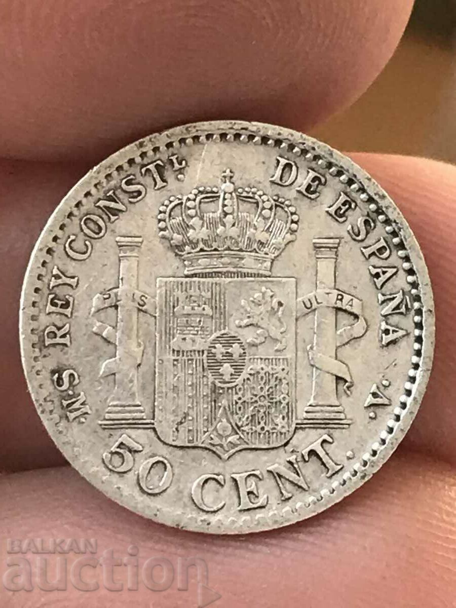 Spain 50 Centimos 1904 Alfonso XIII Silver