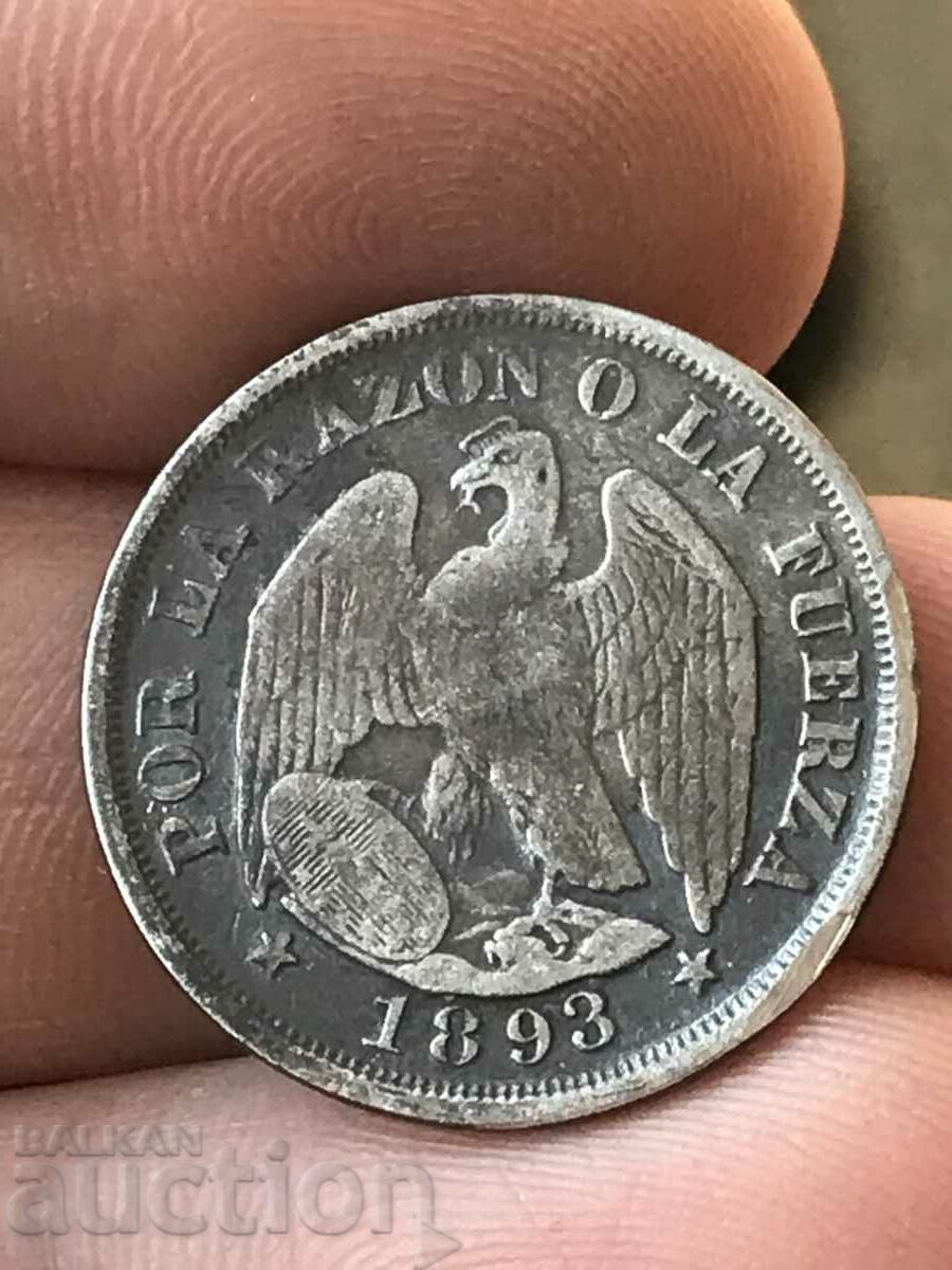 Chile 20 centavos 1893 condor silver