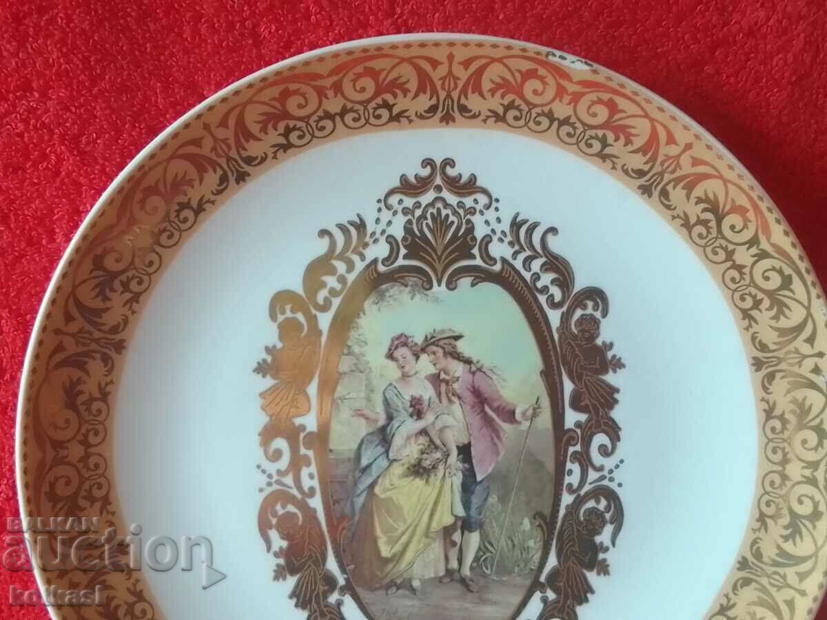 Auction  Old porcelain plate Limoges gilt man woman hand decorated