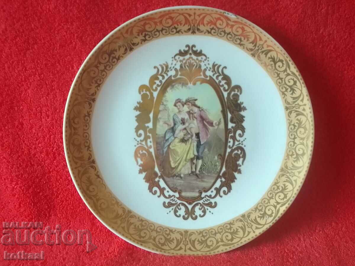 Old porcelain plate Limoges gilt man woman hand decorated