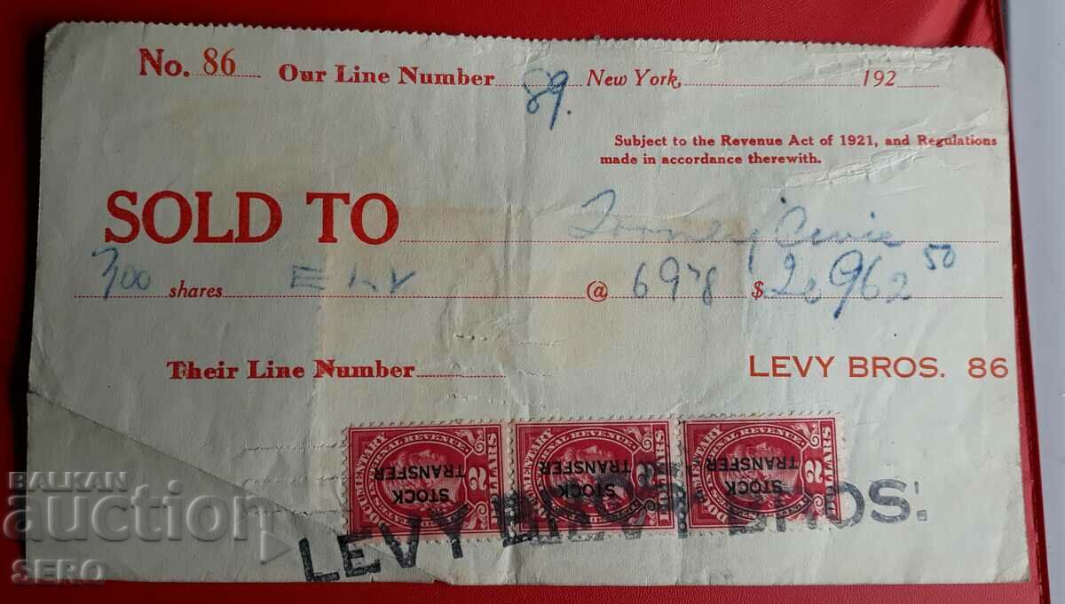 USA - receipt from the New York Stock Exchange - pasted with 6 stamps