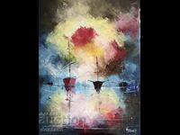 Pictura abstracta in ulei - Peisaj marin - Barci 40/30 cm