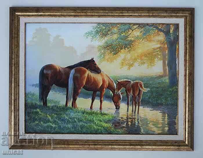 A family of horses at a watering hole, landscape, picture