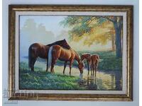 A family of horses at a watering hole, landscape, picture