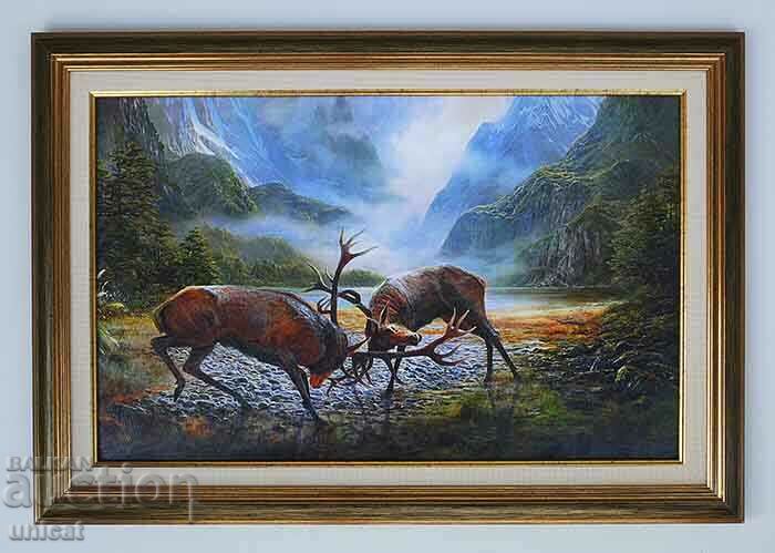 Пейзаж с благородни елени, брачен период, картина за ловци