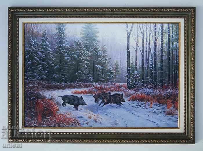 Wild boars, winter landscape, picture for hunters