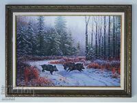 Wild boars, winter landscape, picture for hunters