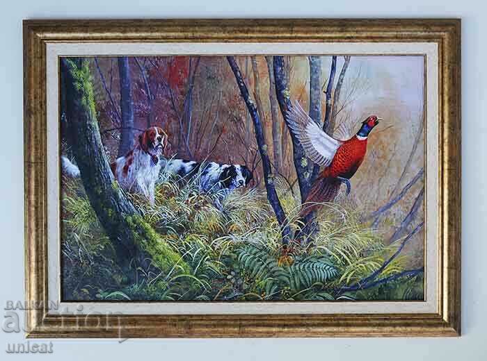 Setter hunting dogs with pheasant, picture for hunters
