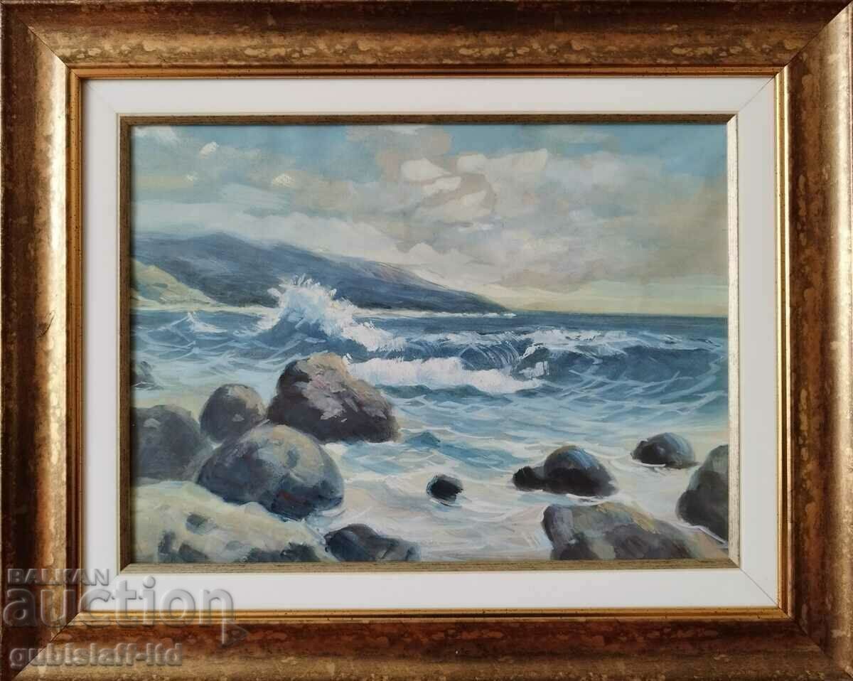 Ζωγραφική, τοπίο, θάλασσα, βράχοι, δεκαετία του 1970.