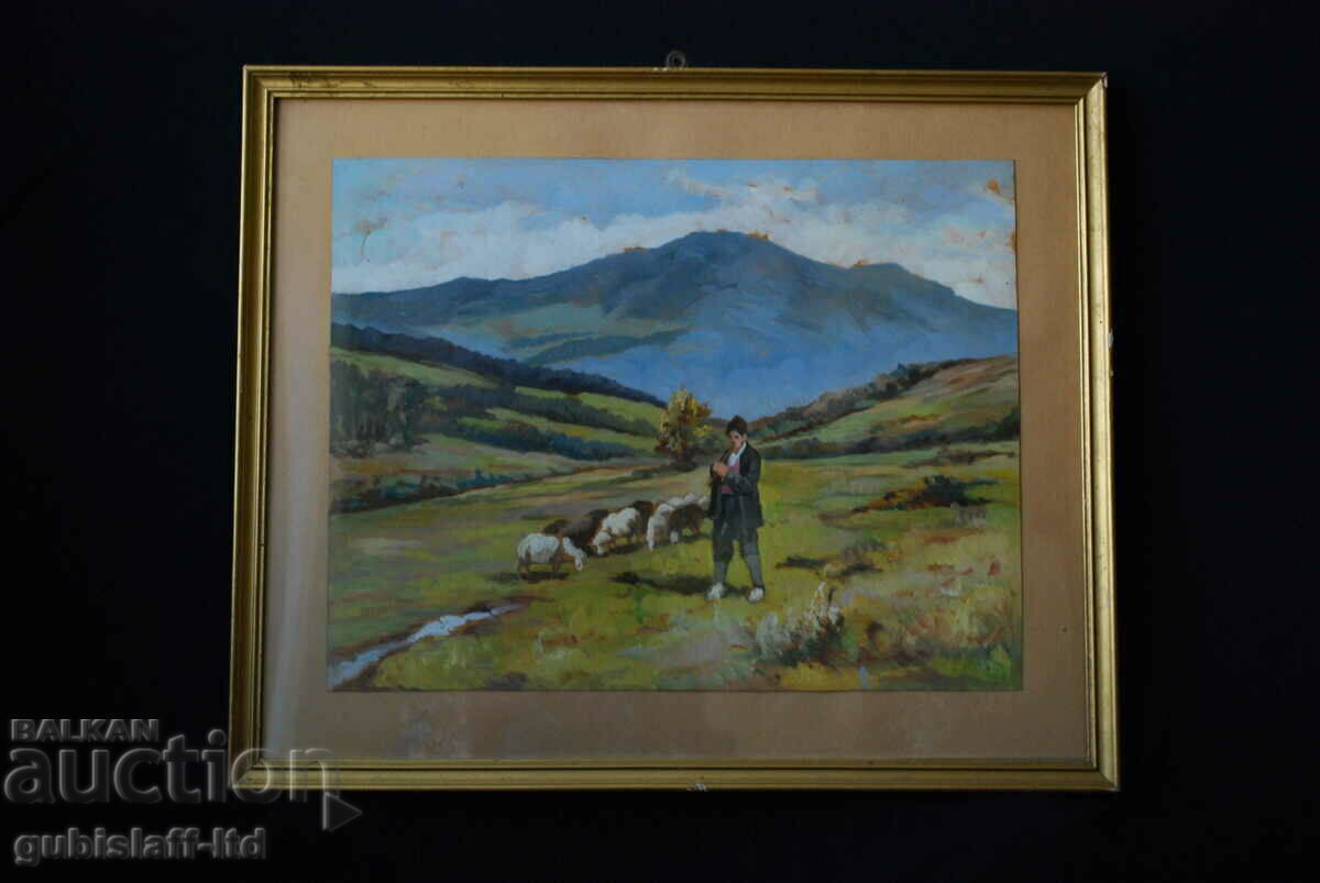 Painting, shepherd with flock, Bulgarian. author, 1950s