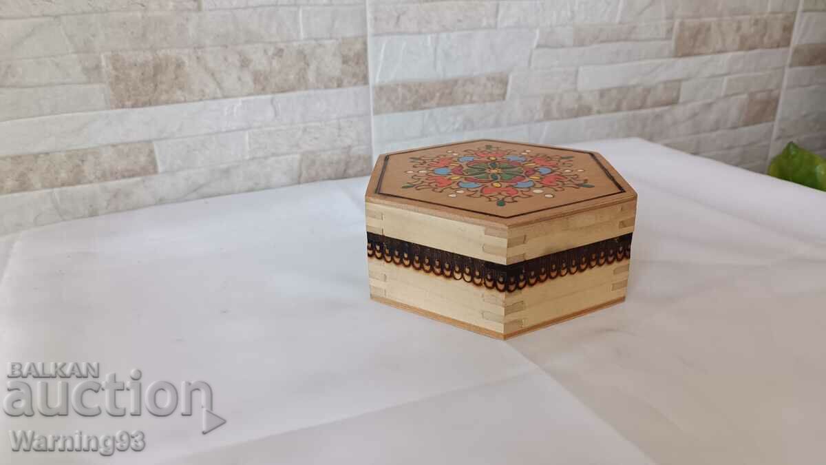 Delivery of Old wooden box - hexagonal with pyrography - Bulgarian