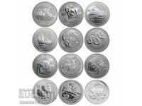1 oz Лунар -Пълен комплект Лунар II-12 броя монети Сребро