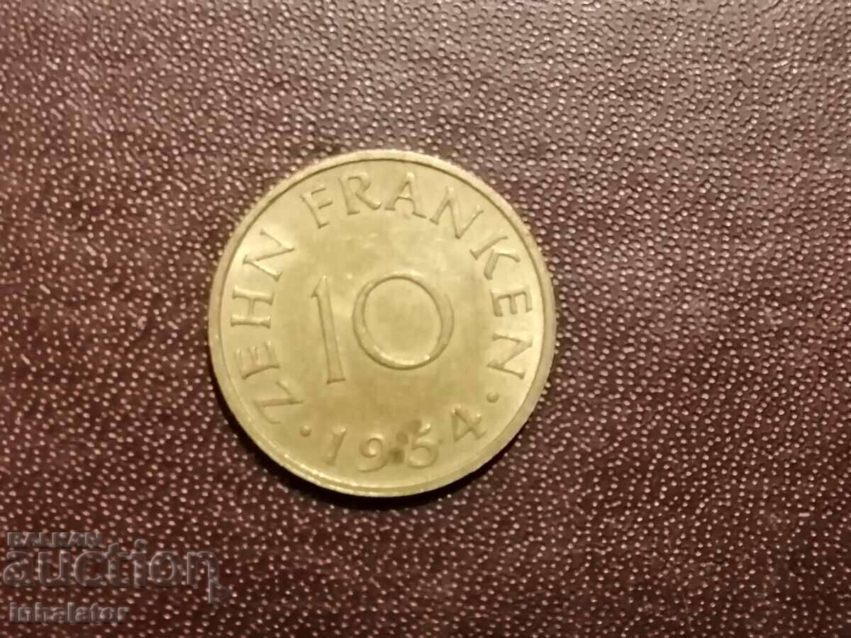 Саарланд Саар 10 франка 1954 год
