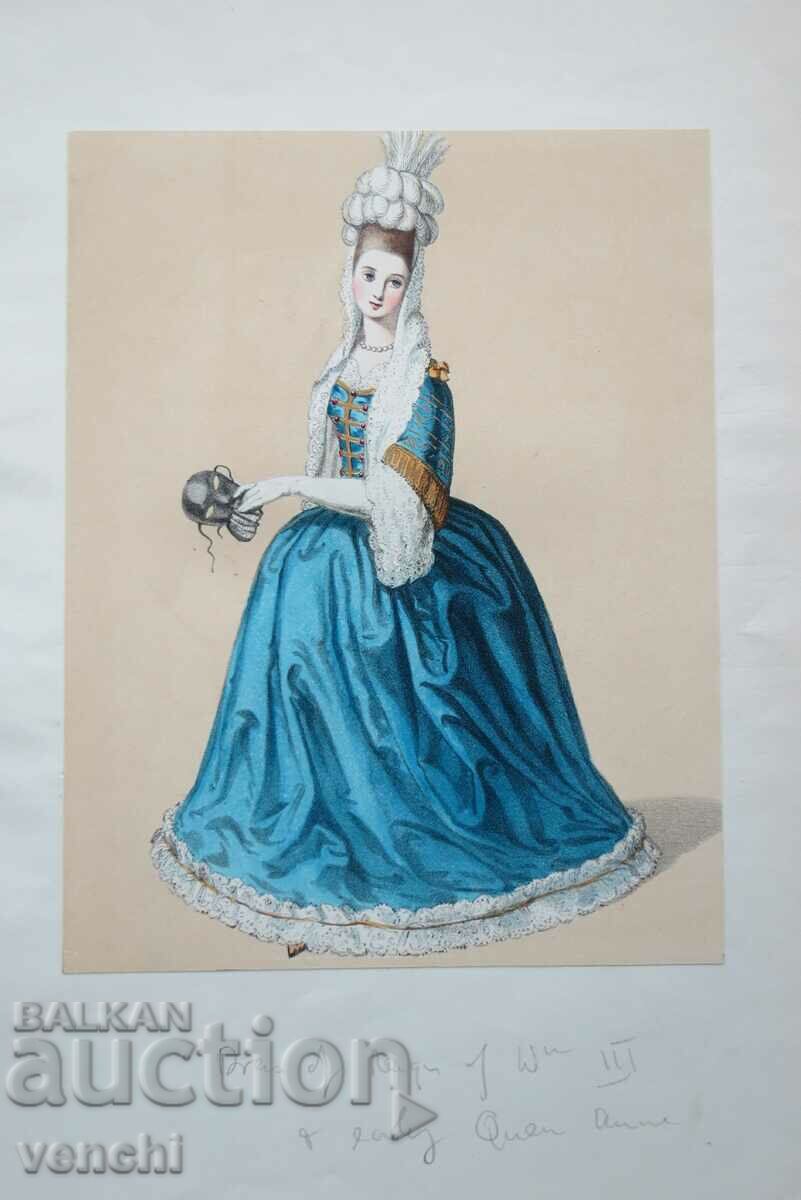 1840 - Litografie colorată manual - originală