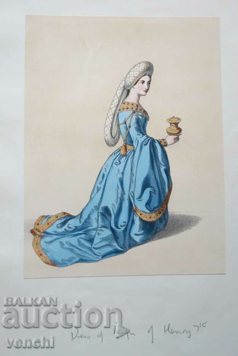 1840 - Litografie colorată manual - original +