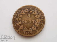 moneda rara colonii franceze 5 centimes 1827; colonii franceze