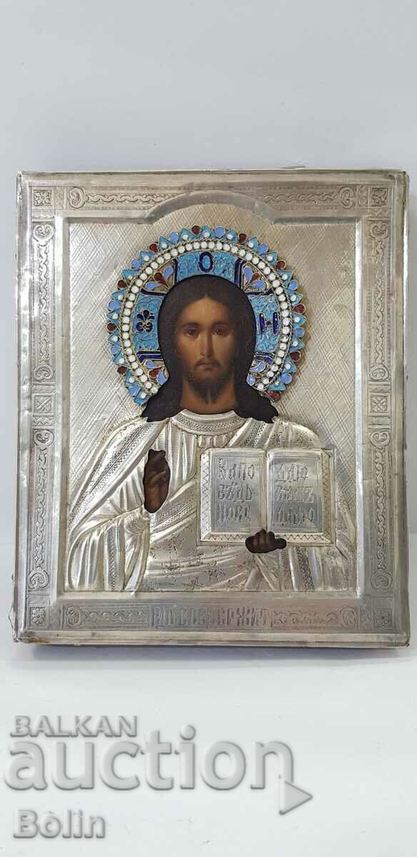 Рядка руска царска икона Исус Христос с емайл - 84 пр.