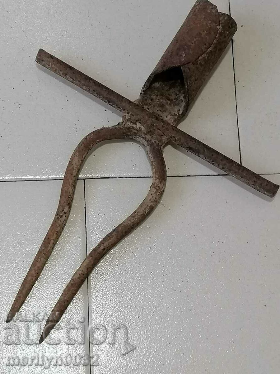 Auction Old Wrought Two Prong, Pitchfork, Wrought Iron Auction Old Wrought Two Prong, Pitchfork, Wrought Iron