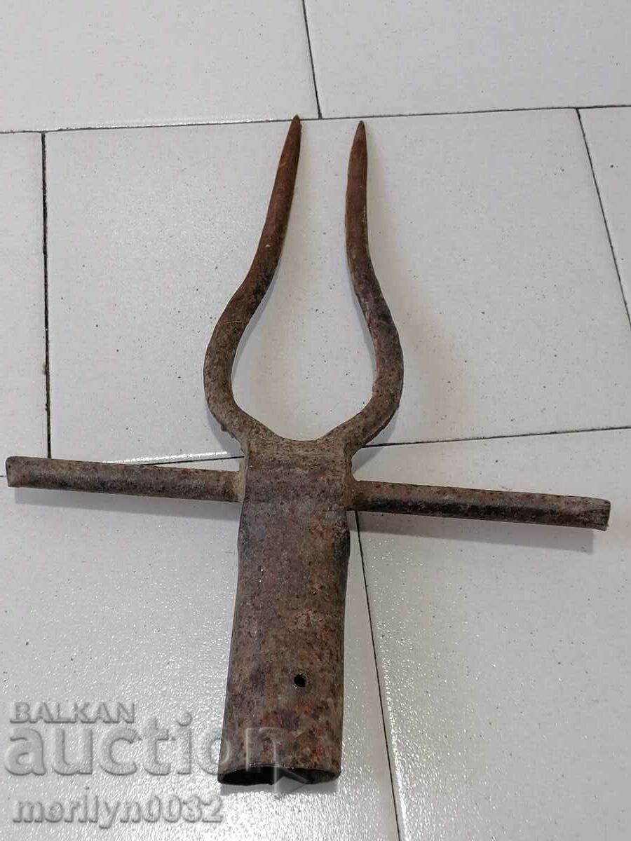 Old Wrought Two Prong, Pitchfork, Wrought Iron - 6 Old Wrought Two Prong, Pitchfork, Wrought Iron - 6