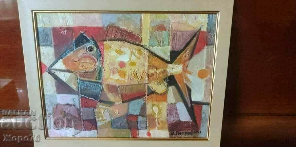YORDAN PETROV Abstract Oil Painting FISH 2024 Signature