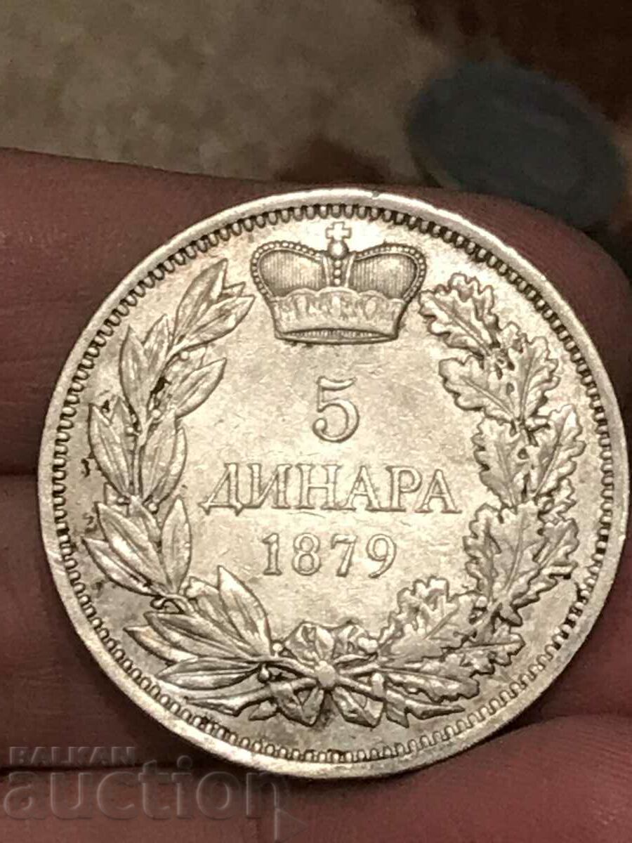 Serbia 5 dinari 1879 Milan Obrenovic argint