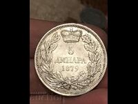 Serbia 5 dinars 1879 Milan Obrenovic silver