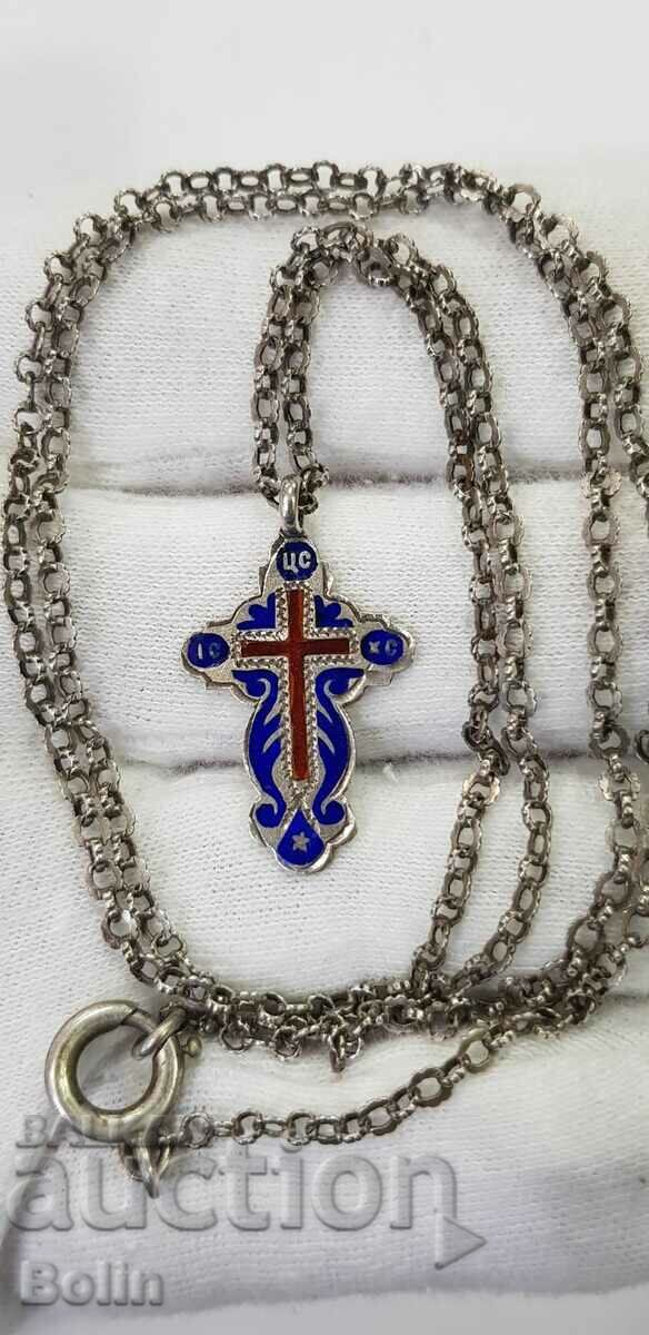 Licitație Cruce imperială rusă de argint cu email 84 eșantion SM.