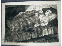 Old graphic etching dry needle - on the stretcher