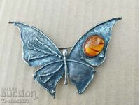 Old silver brooch Butterfly - silver and amber