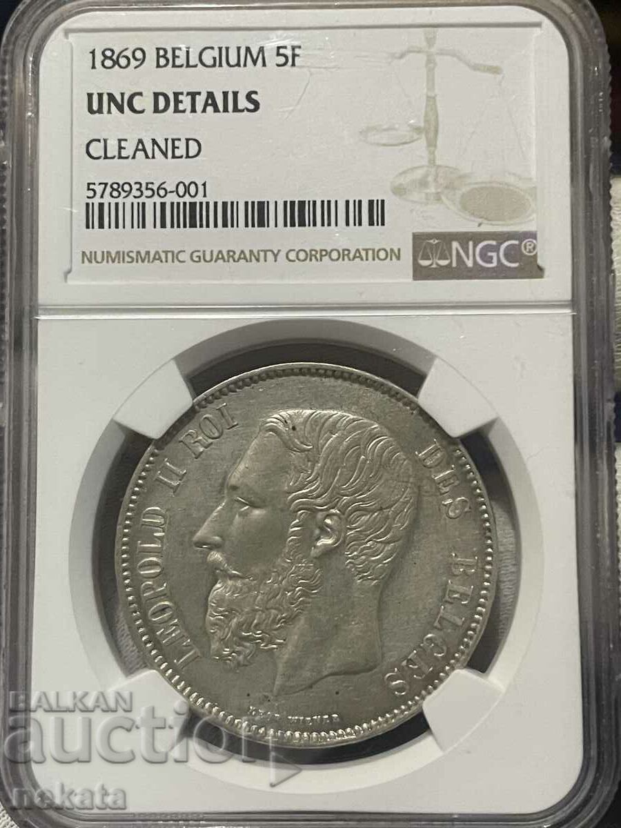 5 франка 1869 г. Белгия UNC Details NGC
