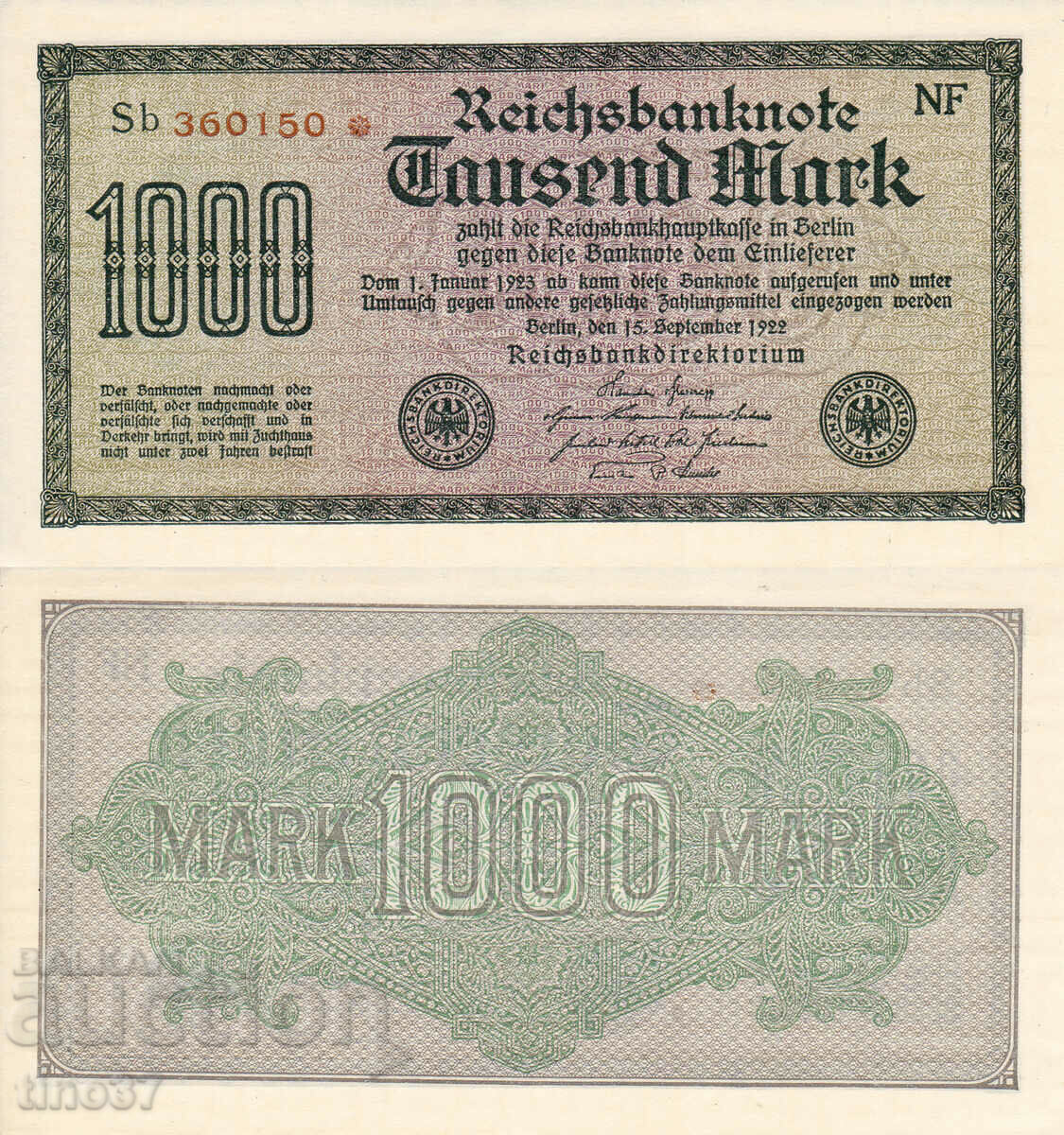 tino37- GERMANY - 1000 MARK - 1922- UNC