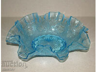 Vintage glass fruit bowl blue curled glass, excellent