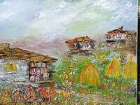 Bozhidar Nikolov/Oil painting 40/50 "Roosters in a village yard"