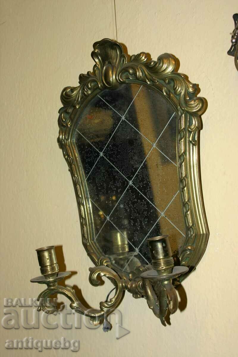 Старо Бронзово Огледало със Свещи Позлата Електрифицирано