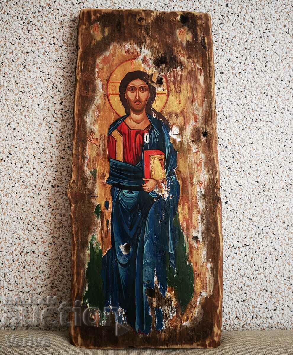 Old, Large Hand Painted Icon of Christ Pantocrator